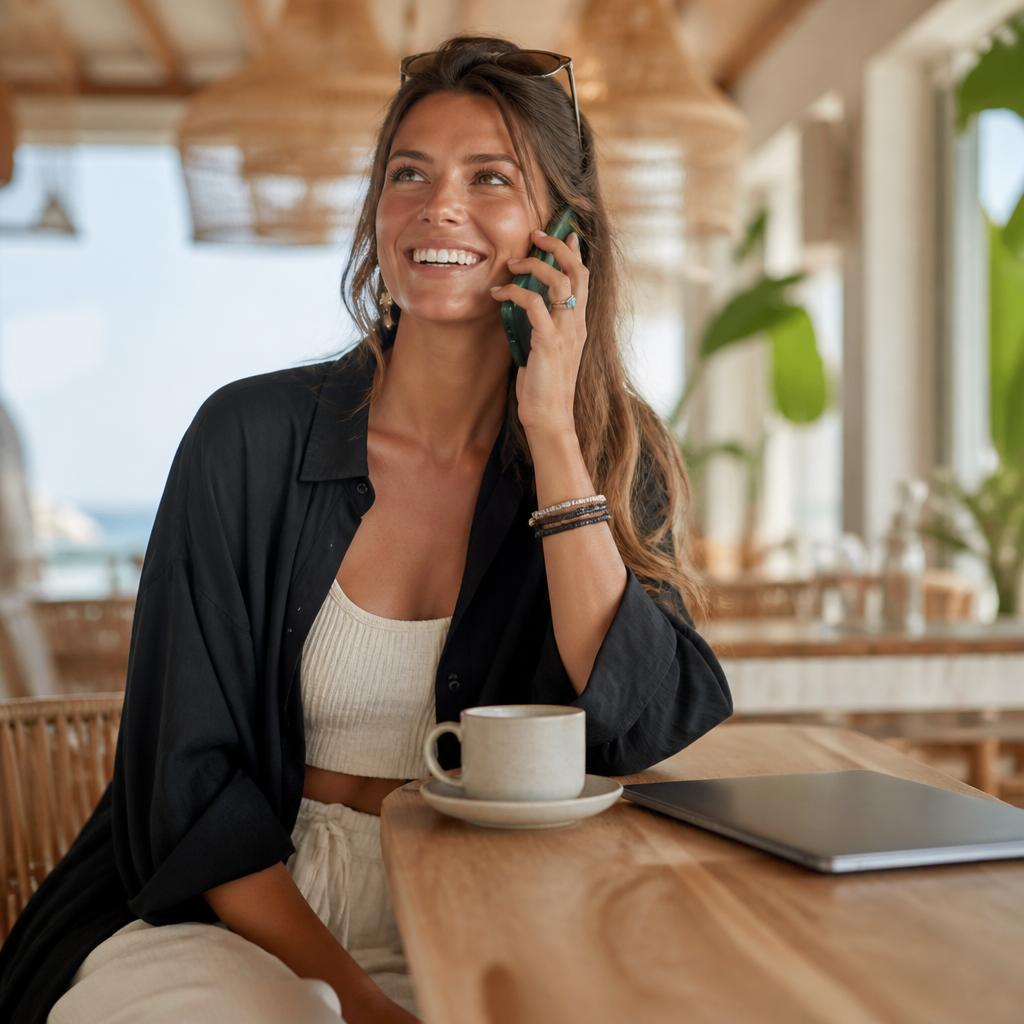 Woman making an international phone call from a coffee shop using YappaCall in her browser